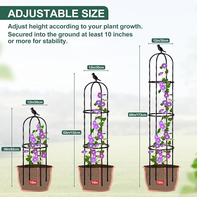 FOLLOOK Garden Obelisk Trellis for Climbing Plants Outdoor, Lightweight Climbing Plant Support Flower Roses Clematis Vegetable Light Vines Round Trellis for Raised Garden Bed Planter, Black, 1 Pack