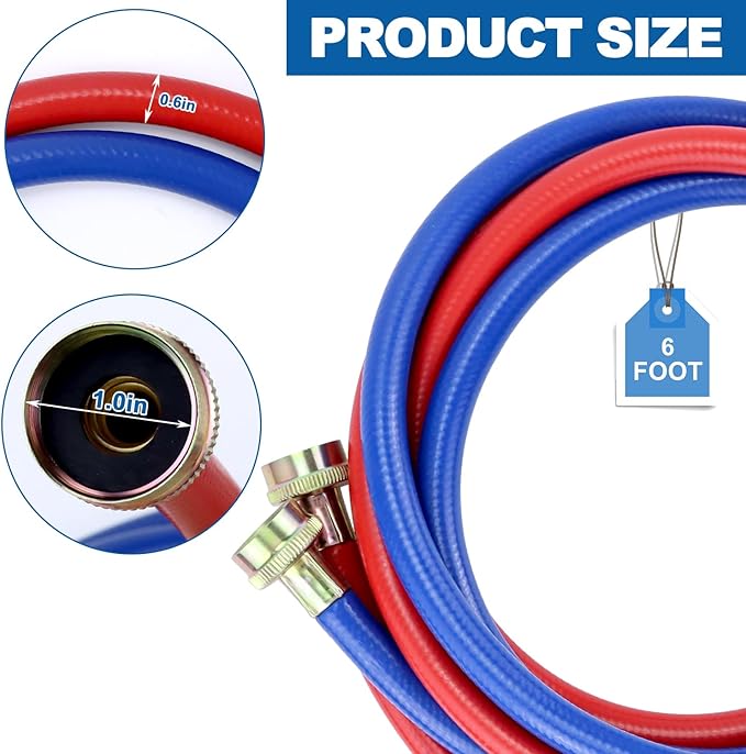 6FT Washer Water Line/Rubber Washing Machine Hoses 6FT,Universal Washing Machine Hose/Washer Water Line for Hot and Cold(2 Packs) with 3/4" Connection Water Supply Lines-by MIFLUS 10 YEARS WARRANTY