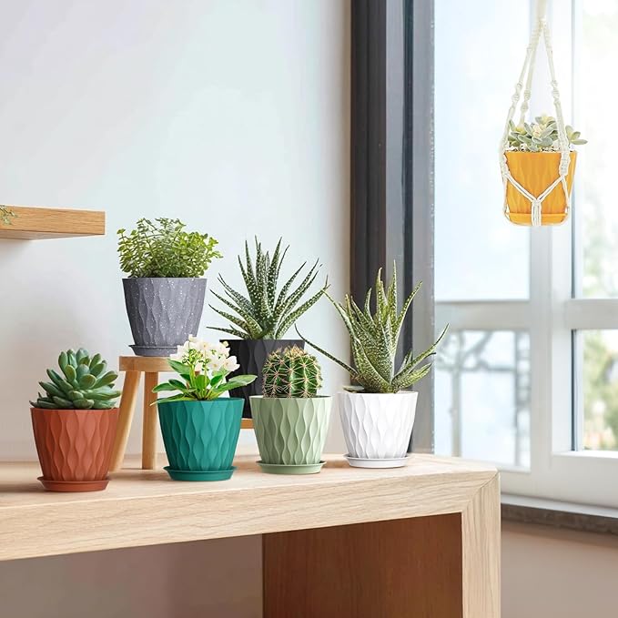 Meowell 5 inch Plant Pots for Indoor Outdoor Plants, 6 Pack Thick Flower Pots with Drainage Holes and Saucers, 3D Modern Wave Texture Small Plastic Planters Nursery Pots, Speckled Grey