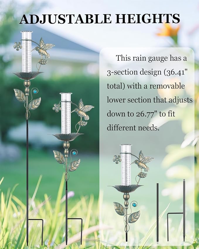 shumi Rain Gauge Outdoor Hummingbird, Upgraded Glass Rain Gauge Outdoors Best Rated, Freeze Proof Adjustable Height Rain Gauges for Yard Garden Decor, Gardening Gifts for Women