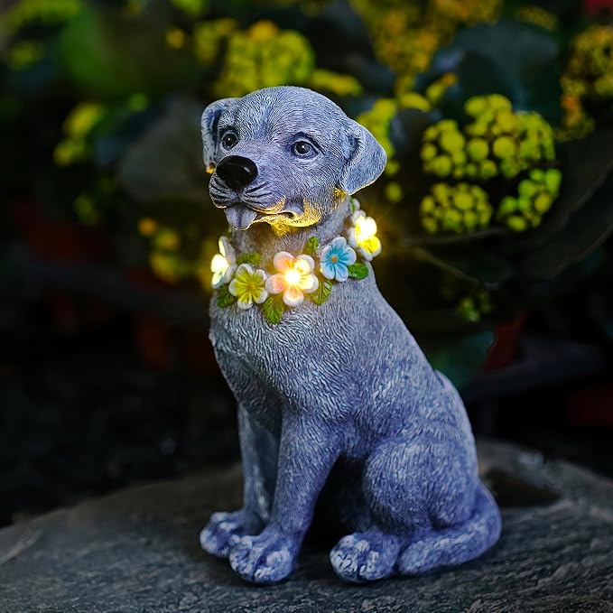 Solar Dog Garden Decor - Resin Dog Decor with Flowers LED Lights Garden Statue Yard Lawn Decor - Ideal Dog Gifts for Mom Women（Gray）