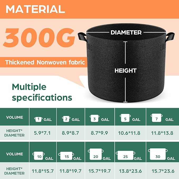 Jorvila 10 Pack 30 Gallon Grow Bags, Thickened Nonwoven Fabric Planter Pots with Handles, Heavy Duty 300G Garden Pots for Tomato, Potato and Vegetable