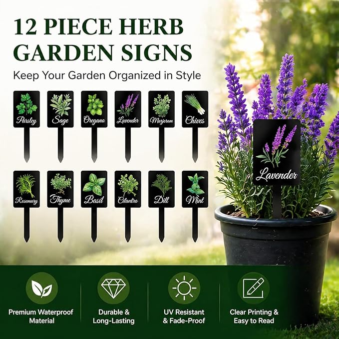 12Pcs Herb Garden Signs - 12 Styles Plant Labels for Outdoor Acrylic Markers - Waterproof Reusable Stakes Tags With Names for Vegetables Indoor Outdoor Decoration