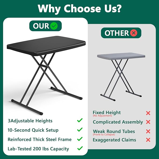 30 Inch Folding Table Set of 2, Adjustable Height TV Tray for Small Spaces, Heavy Duty Foldable Utility Table for Laptop, Dining, Camping, No Assembly, 200 lbs Capacity, Black Granite