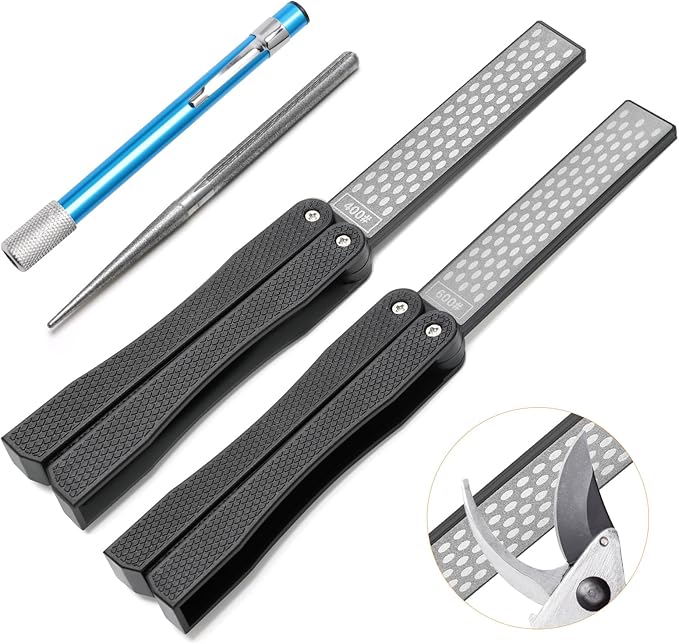 3PCS Garden Tool Sharpener, 2PCS Double-Sided Diamond Garden Tool Sharpener/ 1PCS Retractable Sharpening Rod for Gardening Pruner (Black)