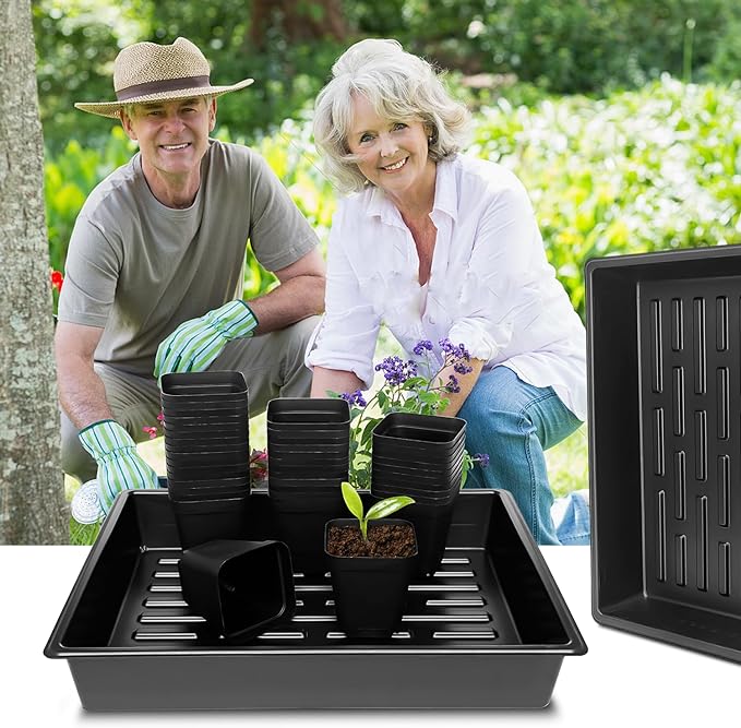 RooTrimmer 4 inch (10CM) Square Nursery Pots 60pcs, Sturdy Seedlings Trays 5 Pcs, Seeds Starter Germination Tray, Microgreening Planter Nursery Propagation 5 Sets