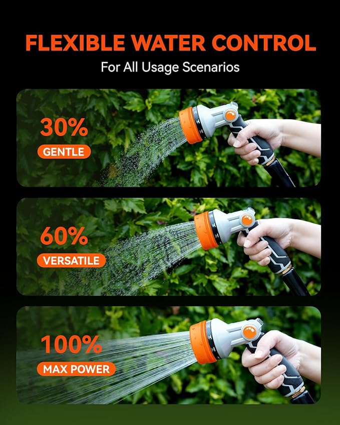 RAINPOINT Full-Metal Garden Hose Nozzle, Heavy Duty Water Hose Nozzle Sprayer With 10 Adjustable Patterns & High Flow,Thumb Control For Flow Adjustment, Ideal For Watering, Washing, Cleaning,Orange