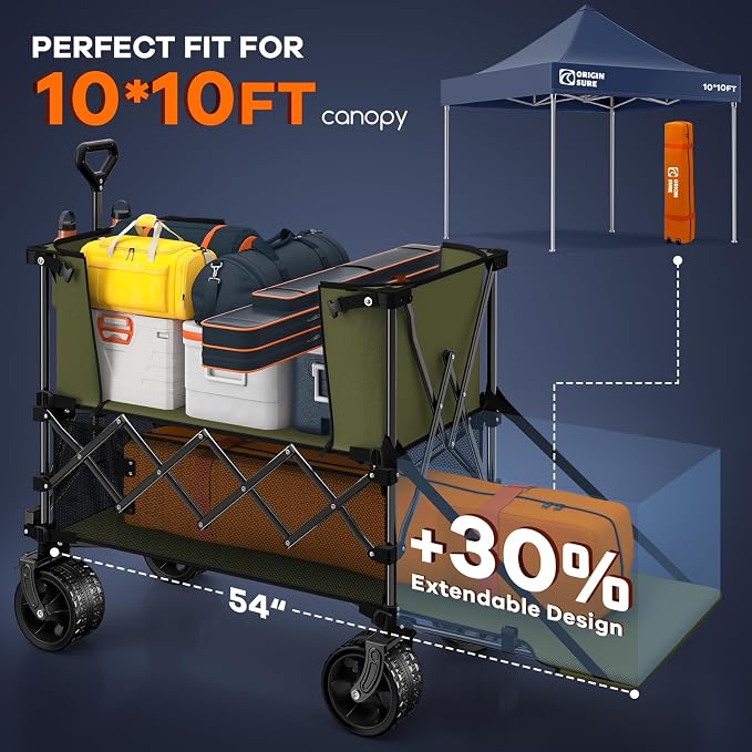 Originsure 400L Double Decker Wagon Collapsible with 54" L Tailgate, 560lbs Heavy Duty Carts Foldable, Extra Large Folding Beach Wagon with Big All-Terrain Wheels for Camping, Sports, Groceries, Green