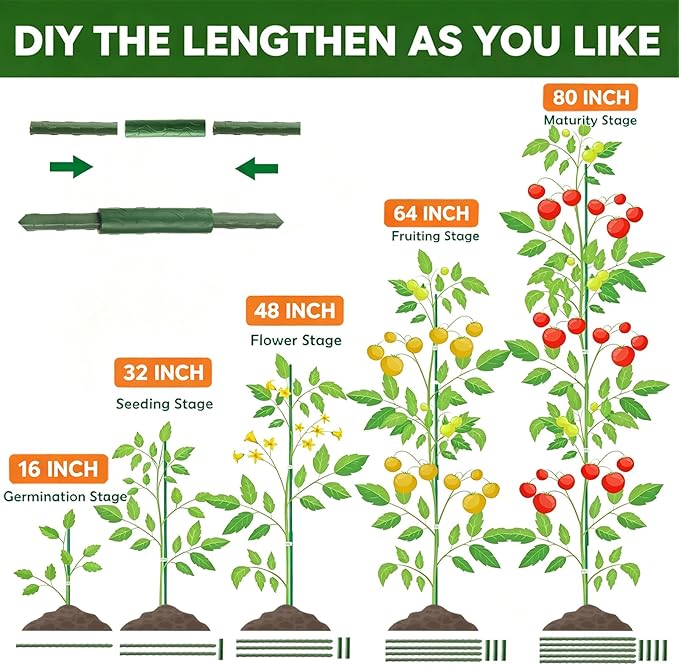 Frcctre 50 Pack 16 Inches Garden Stakes with 25 Connectors, Connectable Plant Support Stakes Plastic Coated Metal Tomato Sticks Plant Climbing Support for Tomatoes, Cucumber, Beans, Potted Plants