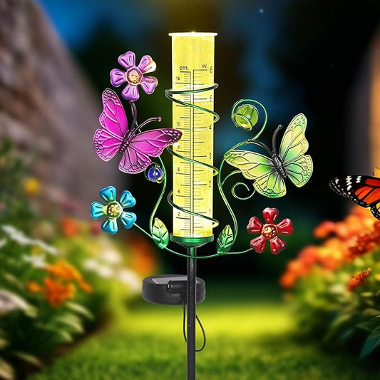 Butterfly Rain Gauge with 6 Inch Plastic Tube, Accurate Rain Gauges Outdoors Best Rated with LED Solar Lights Rain Measure Tool for Garden, Lawn, Patio