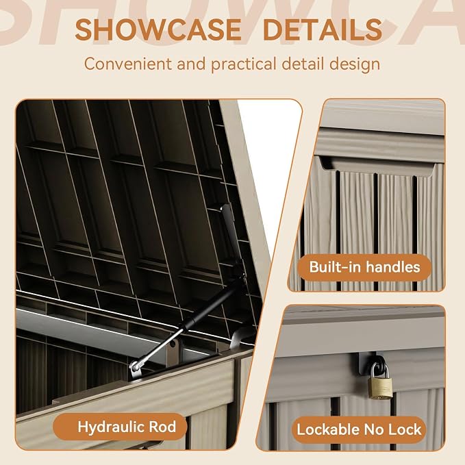 190 Gallon Large Outdoor Storage Box Waterproof, UV Resistant Resin Deck Box with Hydraulic Rod & Lockable Latch for Patio Furniture, Outside Storage Box for Garden Tools, Patio Cushions, Gray