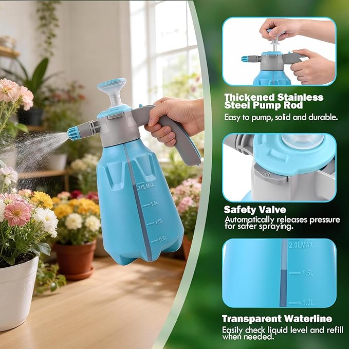 Hand Pump Sprayer 1/2 Gallon, 68 Oz Leak-Proof Water Mister Spray Bottle, 2L Handheld Garden Pressure Sprayer in Lawn and Garden, with Adjustable Nozzle, Extended Spray Rod & Safety Valve