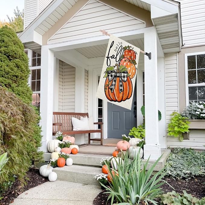 CROWNED BEAUTY Fall Welcome Pumpkins House Flag for Outside 28x40 Inch | Weather resistant, double-sided Large yard flag. Features three pumpkins for outdoor seasonal fall decor