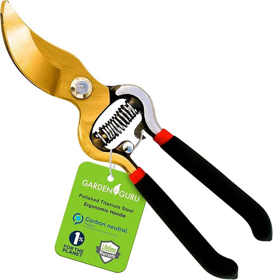 Garden Guru Indestructible Titanium Garden Clippers - Professional Bypass Hand Pruner Pruning Shear with Comfort Grip Handles for Gardening, Trimming, and Yard Work - Hardened Steel & Titanium Blade