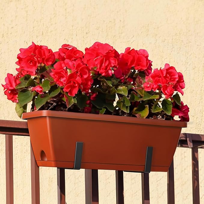 Railing Planter Boxes for Plants, 2 Pack Deck Hanging Planters for Railings, Over Railing Planter Box, 16.9 Inch Balcony Planters Railing Hanging with Metal Brackets, Red