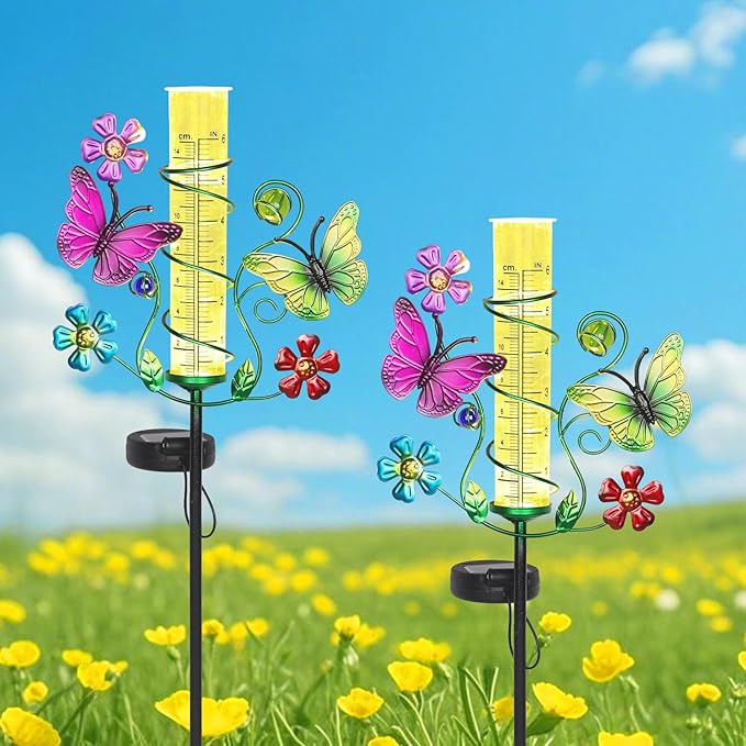 Butterfly Rain Gauge with 6 Inch Plastic Tube, Accurate Rain Gauges Outdoors Best Rated with LED Solar Lights Rain Measure Tool for Garden, Lawn, Patio