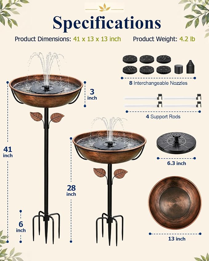 Metal Bird Bath with Solar Fountain for Outside, 3" Deep Removable Birdbaths Bowl with Metal Ground Stake, Easy to Clean Outdoor Bird Bath for Garden Yard Lawn Decor, 1.4 Gallon