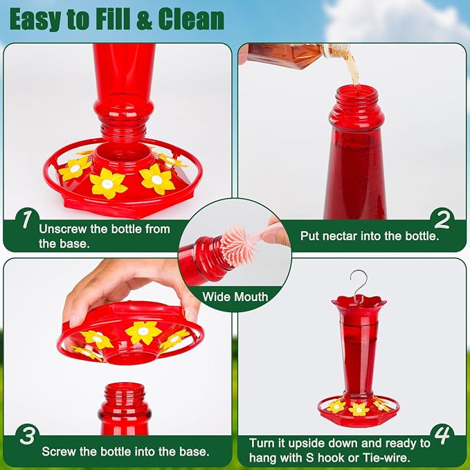 Gbekery Glass Hummingbird Feeders for Outdoors Hanging Ant and Bee Proof Red & Blue 10OZ 2Pack Bird Feeders for Outside Hanging 6 Feeding Stations Bird Nectar Feeder for Garden Yard Décor Gift for Mom