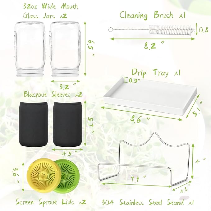 Seed Sprouting Kit - 2×32 Oz Wide-Mouth Mason Jars with Sprouter Lids, Stand, Sprout Tray & Light Shield, for Broccoli, Alfalfa, Mung Beans & Microgreens (Yellow + Green)