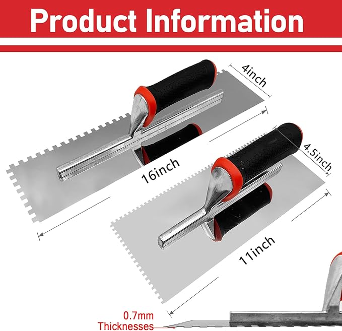 Large Square Notched Tile Trowel Set, 2pcs Stainless Steel Tile Concrete Tools (16 inch+11 inch) Masonry Hand Kit for Wall Floor Tiling Installation