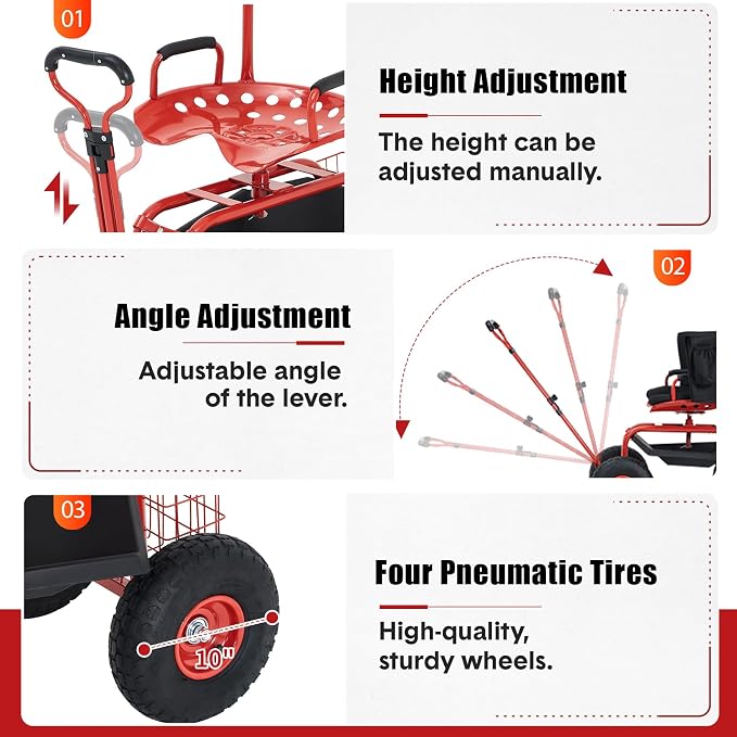 Rolling Garden Cart Workseat with Wheels, 360 Degree Swivel Gardening Stool, Extendable Steering Handle, Tool Tray, 10-Inch Inflatable Tires, Reinforced Steel Frame