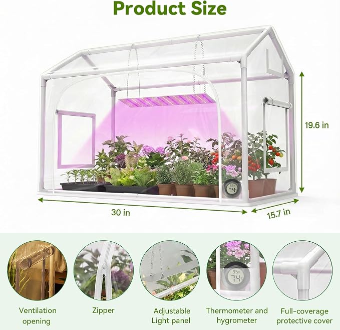 Mini Greenhouse with Grow Light & Timer & Hygrothermograph, 30"x16"x20" Indoor/Outdoor Tabletop Greenhouse with 96 LEDs Dimmable Full-Spectrum Lights (3 Colors), for Houseplants,Seedlings, Outside