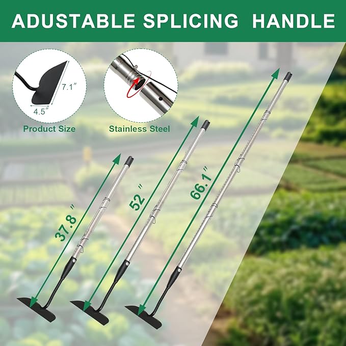 Garden hoe heavy duty for weeding，Hoe garden tool 37.8''-66.1'' Adjustable with 7.1inch Wide Welded Blade，Hoes for gardening with Long Stainless Steel Handle for Digging Loosening Weeding Planting