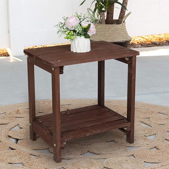 Patio Coffee Bistro Side Table,Indoor Outdoor Small Wooden Rectangular Side End Table,Modern Wood Bedside Table,with Shelf,for Garden Yard Lawn Balcony (Brown)