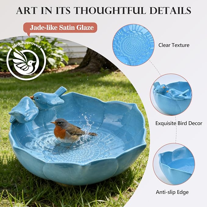 Ceramic Bird Bath for Outdoors, 10.1” Glazed Ceramic Bird Baths Bowls and Feeders for Outside, UV/Frost-Resistant Finish Ground Garden Table Top Bird Baths Decor for Patio Yard Home Green