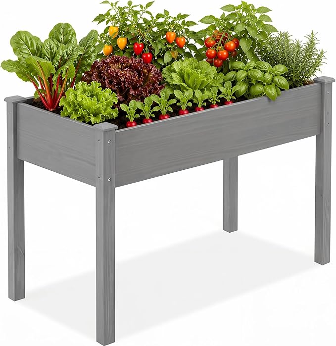 DUMOS Raised Garden Bed with Legs, 48x24x30 Inch Planter Box Outdoor with Liner for Herbs Flowers Vegetables, Elevated Wooden Garden Bed for Patio, Balcony and Backyard, Grey