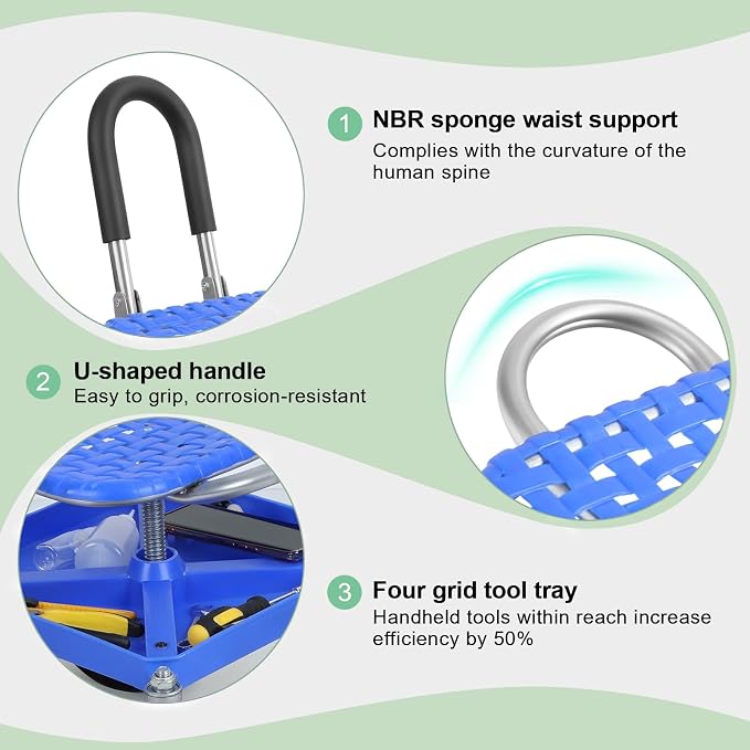 360° Swivel Garden Rolling Seat, Gardening Stool for Planting, Height Adjustable (51-61cm) Garden Work Seat with Tool Tray & Foldable Backrest, 150kg Load for Gardening & Garage Work Blue