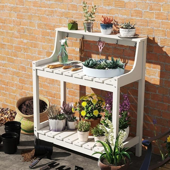 Potting Benches for Outside, HDPE Garden Potting Table All Weather, Outdoor Potting Table with Storage for Patio, Backyard, Garden, White
