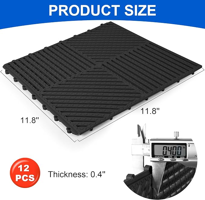 MYFAMIREA Modular Interlocking Cushion 12 Pack 11.8" x 11.8" Rubber Floor Tiles Non-Slip Splicing Drainage Mats for Deck, Pool, Shower, Patio, Balcony, Bathroom, Kitchen, Yard (Diagonal, Black)