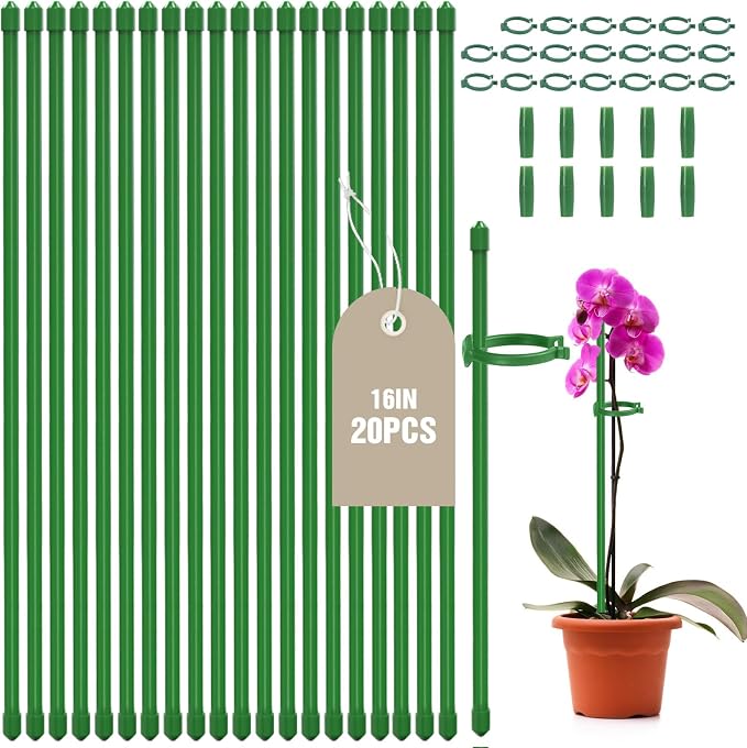 Joyhalo 20 Pack Plant Stakes for Indoor Plants, 16 Inch Garden Stakes, Adjustable Plant Support Sticks for Tall Plants As Tomatoes Beans Orchid Vegetable