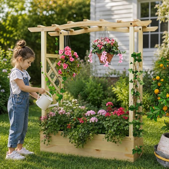 Giantex Raised Garden Bed with Trellis & Hanging Roof, Wooden Elevated Planter Box with Drainage Hole, Freestanding Gardening Planter Raised Bed for Flowers Herbs Climbing Plants Vines, 44”x14”x45”
