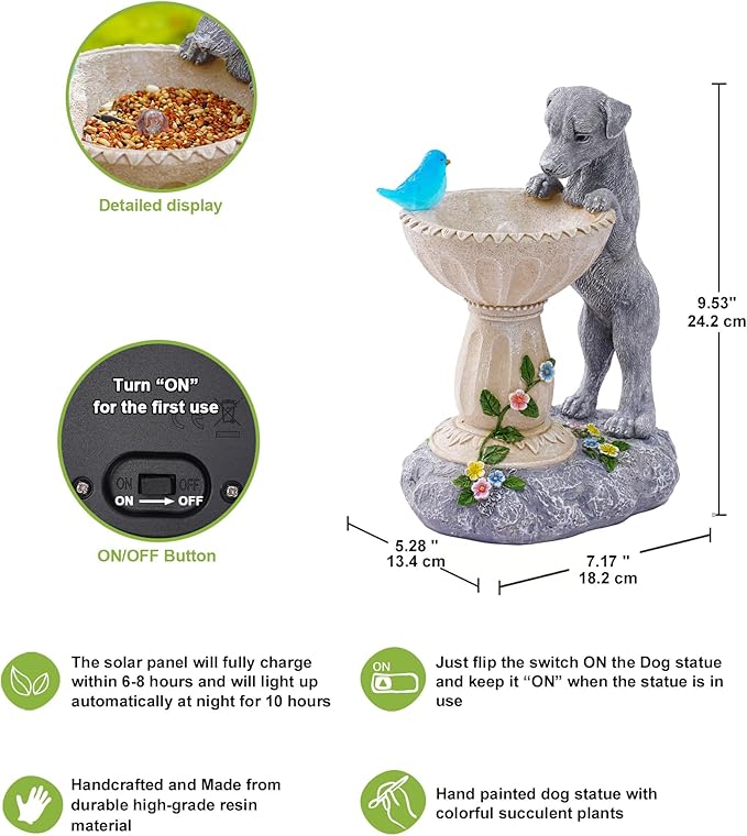 Nacome Solar Dog Statue for Garden Decor: IP65 Weatherproof Resin with Automatic Lighting - No Installation- Outdoor Yard Patio Balcony Art - Birthday Gifts for Bird Lovers Mom Grandma Women