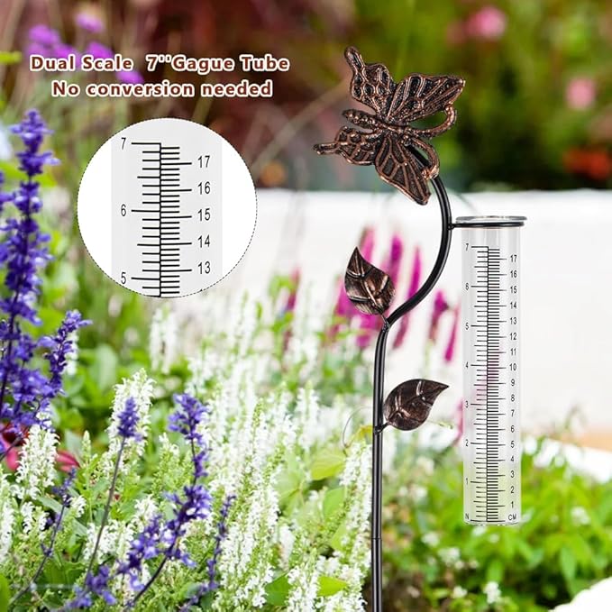 Butterfly Rain Gauge Outdoor, Metal Rain Gauge with 7-Inch Glass Tube, Decorative Rain Water Gauge for Garden, Yard, Lawn