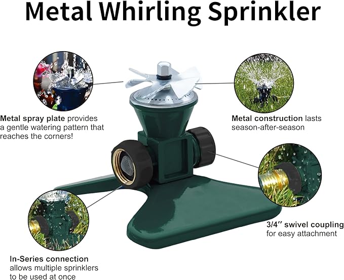 Biswing 1 Pack Lawn Sprinkler, Heavy Duty Metal Square Garden Sprinkler, 360 Degree Large Area Irrigation, Connectable Rotating Automatic Water Sprinklers for Yard Lawn Garden Watering
