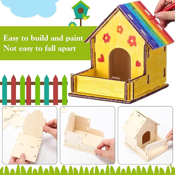 Feifeiya 24 Sets DIY Birdhouse Wind Chime Kit Build and Paint Birdhouses Wooden Arts 24 Unfinished Wooden Bird House 24 Wind Chime 38 Butterfly Sticker 24 Watercolor Arts for Activity(Classic)