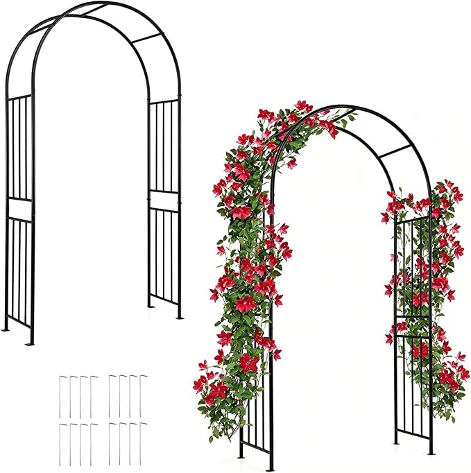 Giantex 2 Pack Garden Arch Outdoor Metal Arbor Trellis, 86'' Heavy Duty Steel Pergola Arch with Ground Stakes for Climbing Plants, Wedding, Party & Backyard Decoration