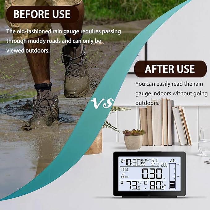 Digital Rain Gauge Outdoor with Thermometer, Self-Emptying Wireless Rain Gauges Outdoors Best Rated, Freeze Proof Automatic Rain Measure Gauge for Yard, High Precision Electronic Rain Collector