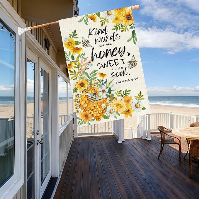 Baccessor Summer Bee House Flag 28x40 Inch Double Sided Burlap, Kind Word Honey Sweet Yellow Floral Flowers Holiday Porch Patio Outdoor Outside Decoration