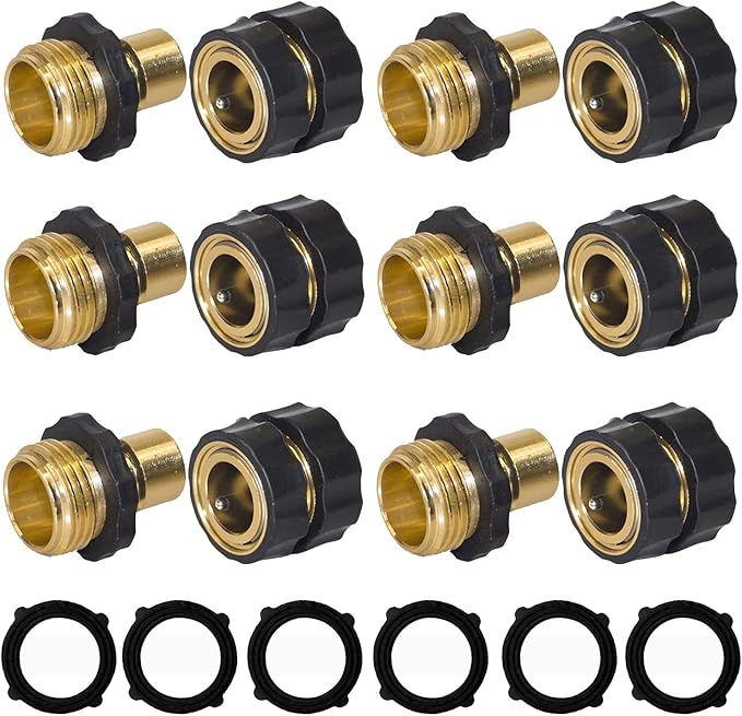 Hourleey Garden Hose Quick Connector, 3/4 Inch Male and Female Garden Hose Fitting Quick Connector, 6 Set