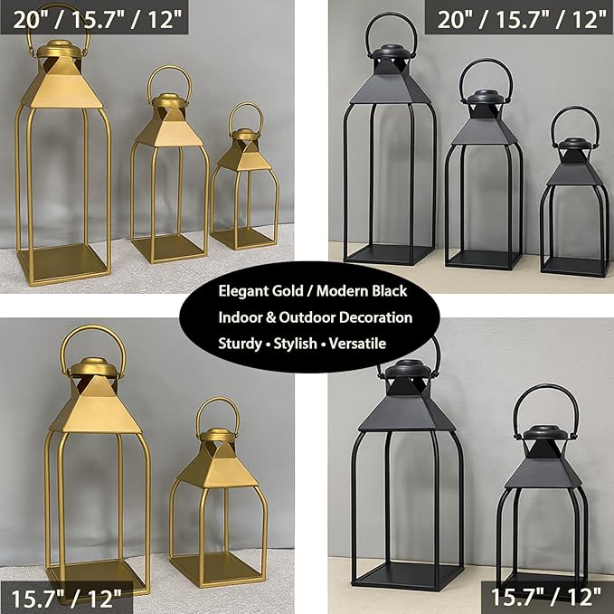 Decorative Metal Lanterns Indoor Outdoor, Candle Holder for Porch, Patio, Fireplace, Floor, Wedding, Christmas, Fall, Holiday, Farmhouse Table Centerpiece (Black, Set of 2 15.7" 12")