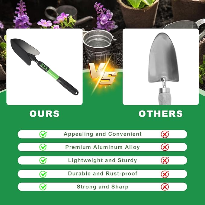 Garden Shovel, 3 Pack Lightweight Heavy Duty Spade Shovel, Garden Tools and Hand Rake with Soft Rubber Non-Slip Handle, for Gardenging Planting Weeding Digging, Green ﻿