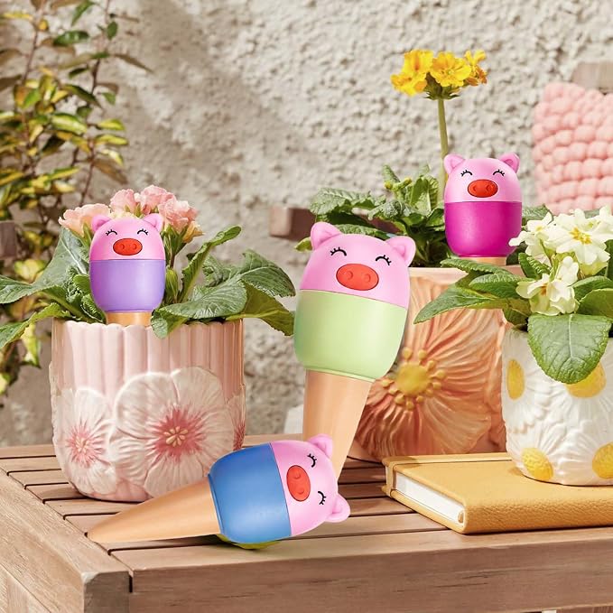 Yeswhat Self Watering Plant Spikes 4 Pack, Terracotta Automatic Plant Waterer for Indoor Outdoor Plants, Slow Release Watering Stakes, Vacation Watering Devices for Potted Plants Garden Decor (Pig)