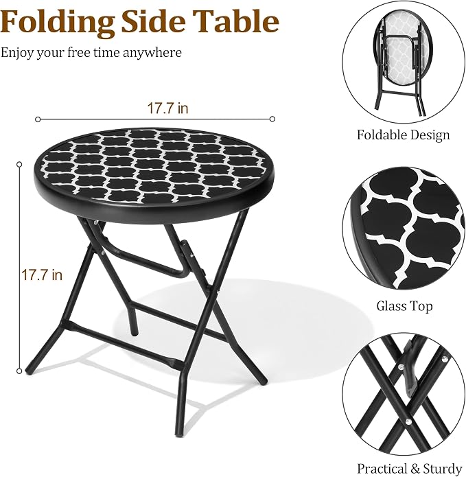 Foldable Patio Side Tables, 17.7" Small End Table Outdoor Weatherproof, Round Glass Top Outside Folding Table for Poolside, Balcony, Yard, Porch（Black and White Stripe）
