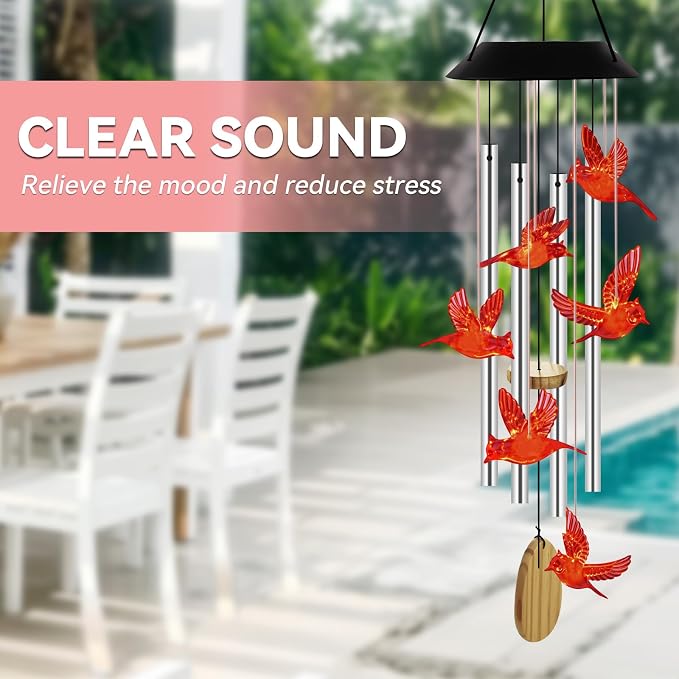 Wind Chimes for Outside, Solar Lights Outdoor Waterproof, Color Changing Cardinal Light for Yard, Outdoor, Patio, Garden Decor, Wind Mobiles Gardening Gifts for Women, Mom, Wife, Red Cardinal