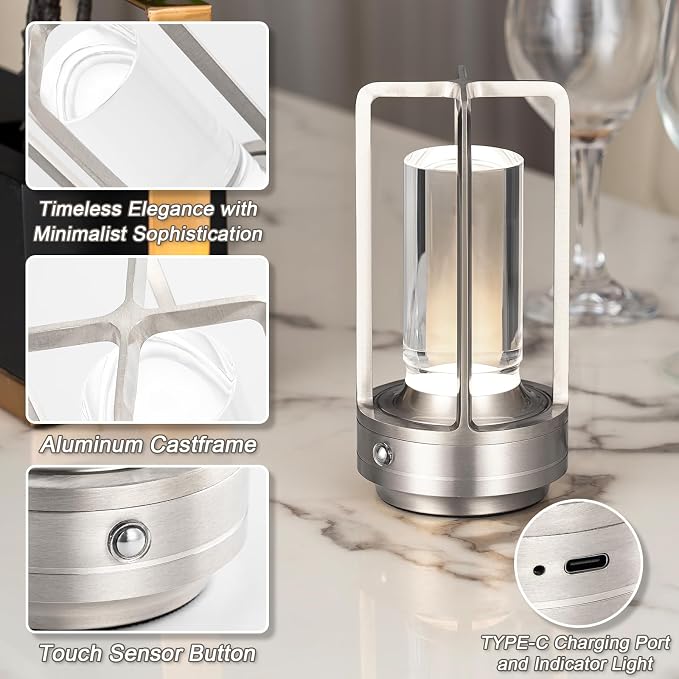 Rechargeable Table Lamp Cordless, 3 Color | Crystal | Stepless Dimming, for Bedroom, Cafe, Camping, Dining Table, Home Decor, 2 Pack (Silver)