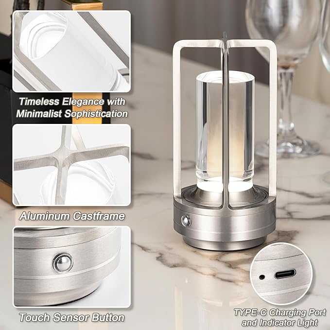 Rechargeable Table Lamp Cordless, Portable Metal Table Lamp 3 Color | Crystal | Stepless Dimming, for Bedroom, Cafe, Camping, Bar, Dining Table, Restaurant